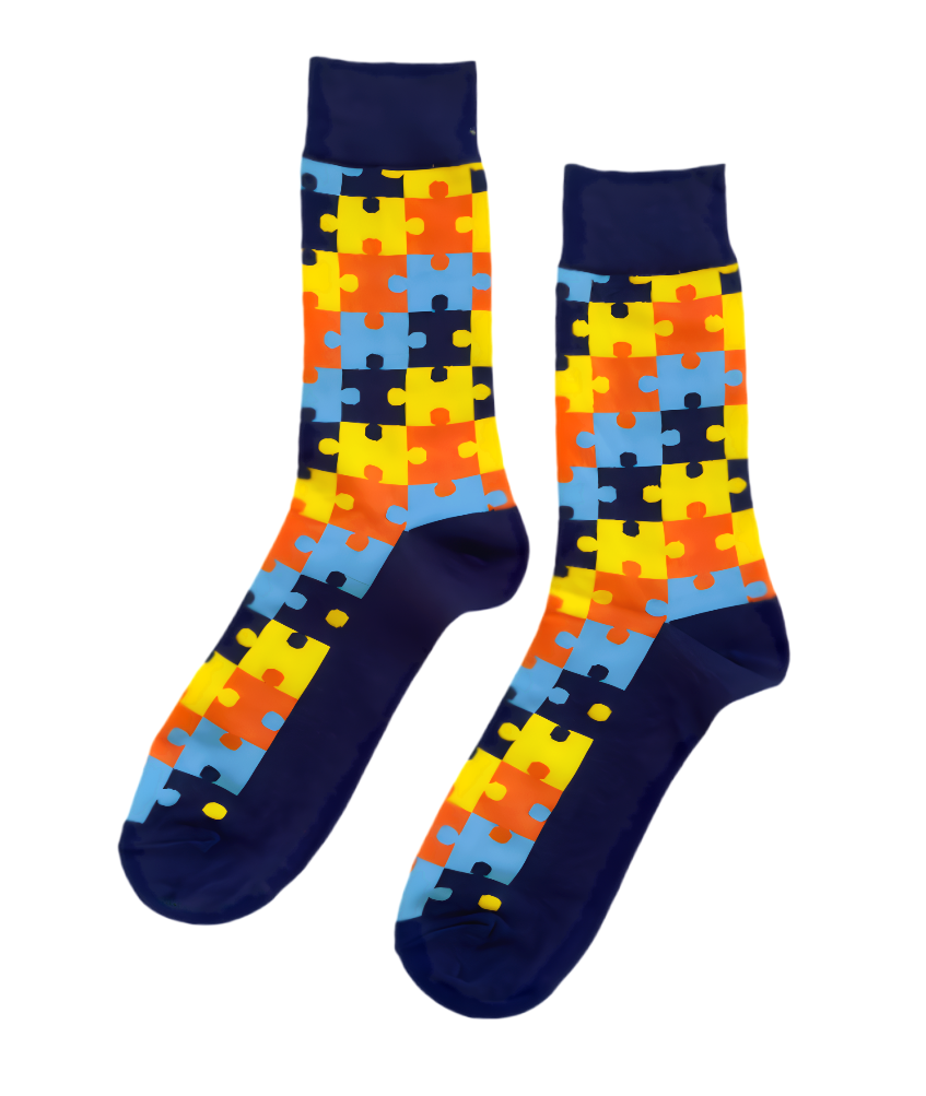 Funky Sunset Puzzle socks by ModSoles feature warm sunset hues and playful puzzle patterns for a vibrant and stylish look.