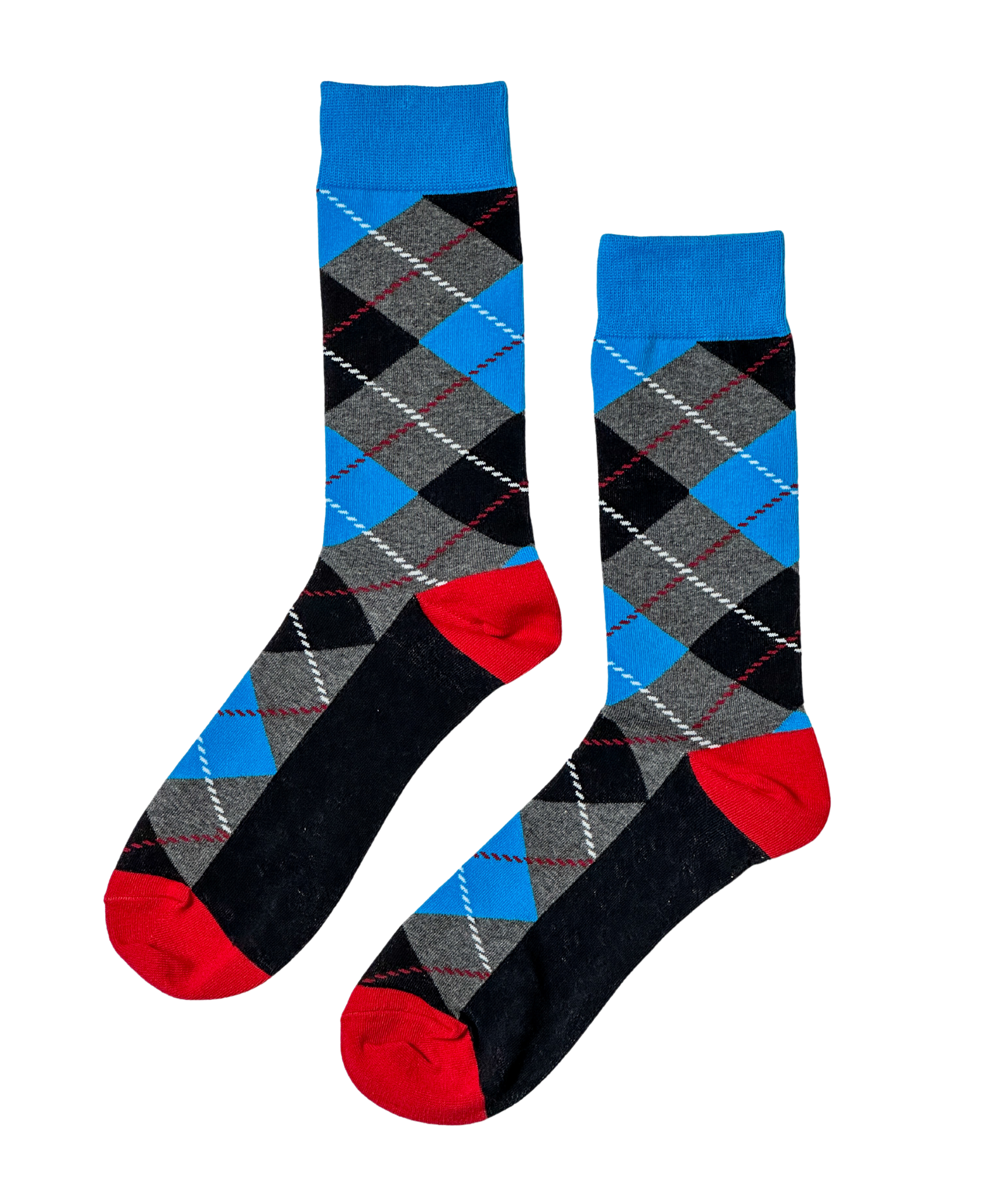 Slate Fusion Argyle socks with a sleek gray and blue pattern, offering a blend of modern style and comfort.